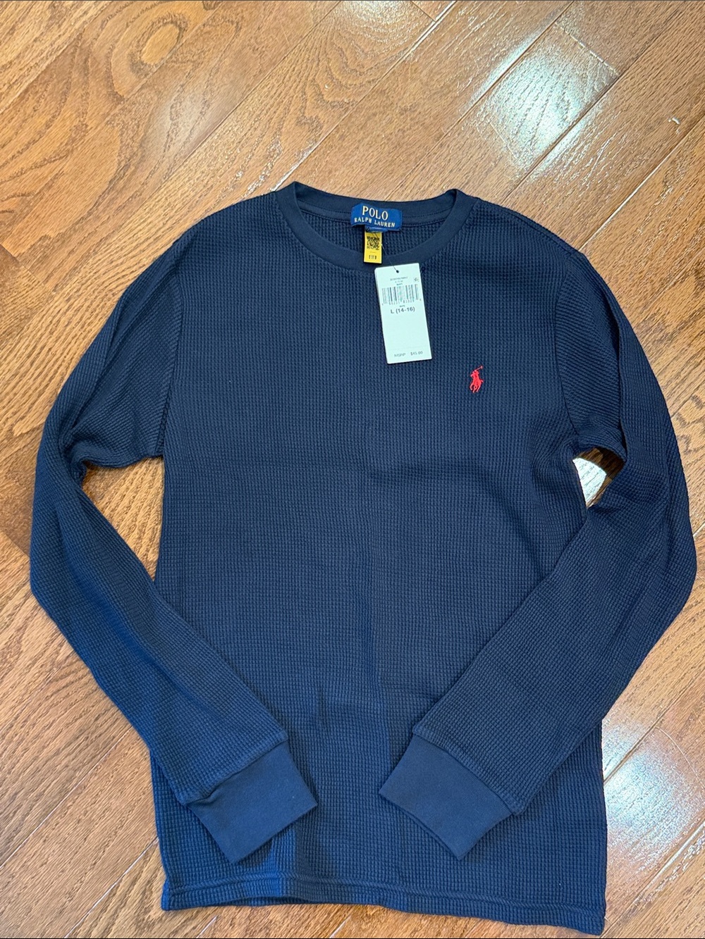 NWT Boys Polo Ralph Lauren Navy Waffle Knit Long Sleeve Tee with Red Pony